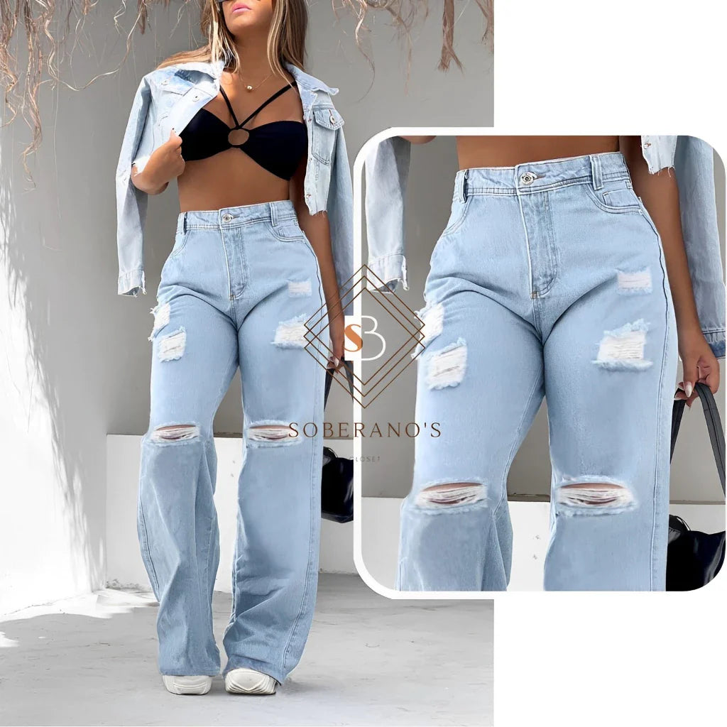 Calça Jeans Feminina Wide Leg Rasgada Pantalona