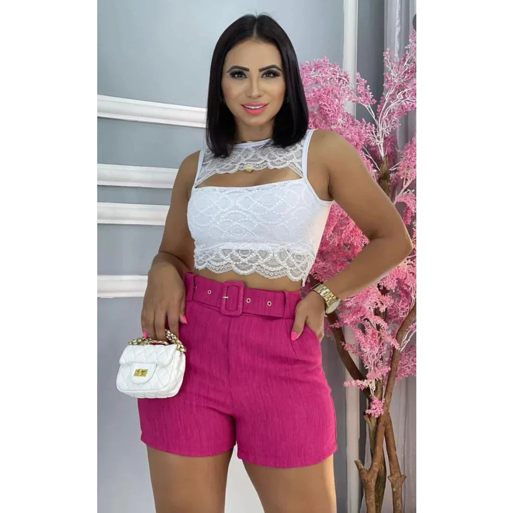 Short Feminino Linho Com Bolso e Cinto