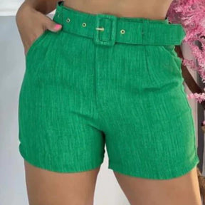 Short Feminino Linho Com Bolso e Cinto