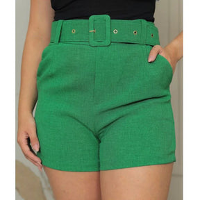 Short Feminino Linho Com Bolso e Cinto