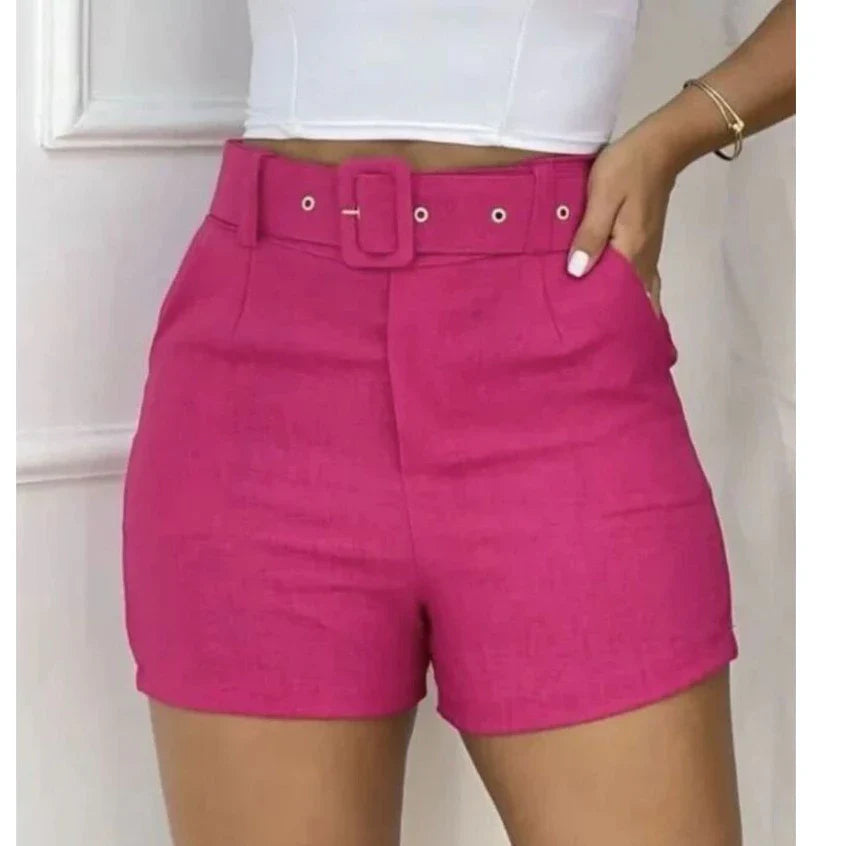 Short Feminino Linho Com Bolso e Cinto