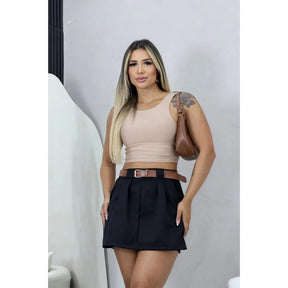 Short Saia De Alfaiataria Com Cinto De Couro Feminino