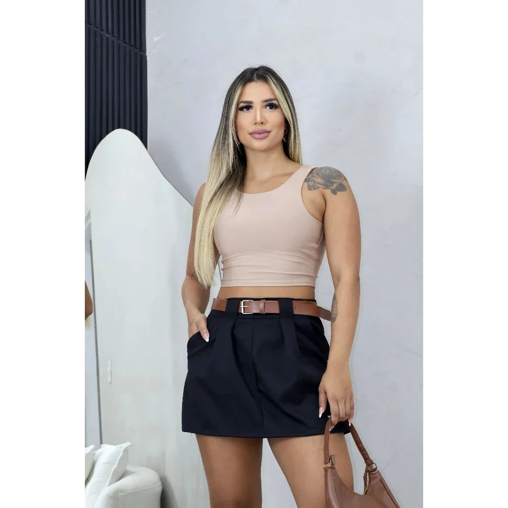 Short Saia De Alfaiataria Com Cinto De Couro Feminino