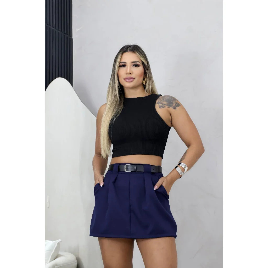 Short Saia De Alfaiataria Com Cinto De Couro Feminino