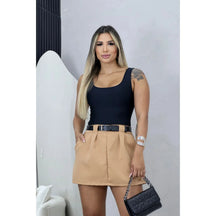 Short Saia De Alfaiataria Com Cinto De Couro Feminino