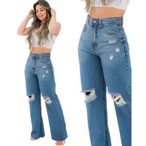 Calça Jeans Feminina Wide Leg Rasgada Pantalona