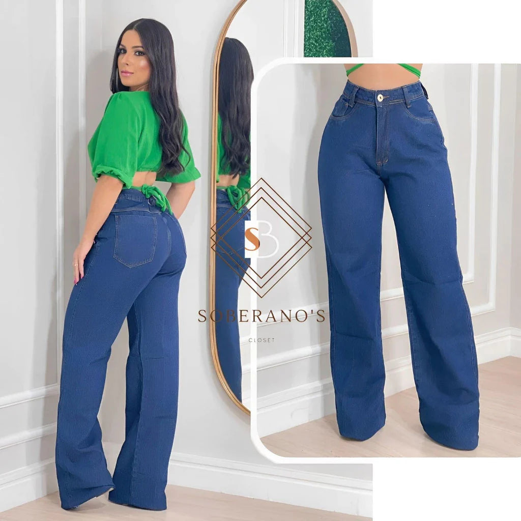 Calça Jeans Feminina Wide Leg Rasgada Pantalona