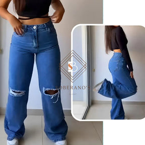 Calça Jeans Feminina Wide Leg Rasgada Pantalona