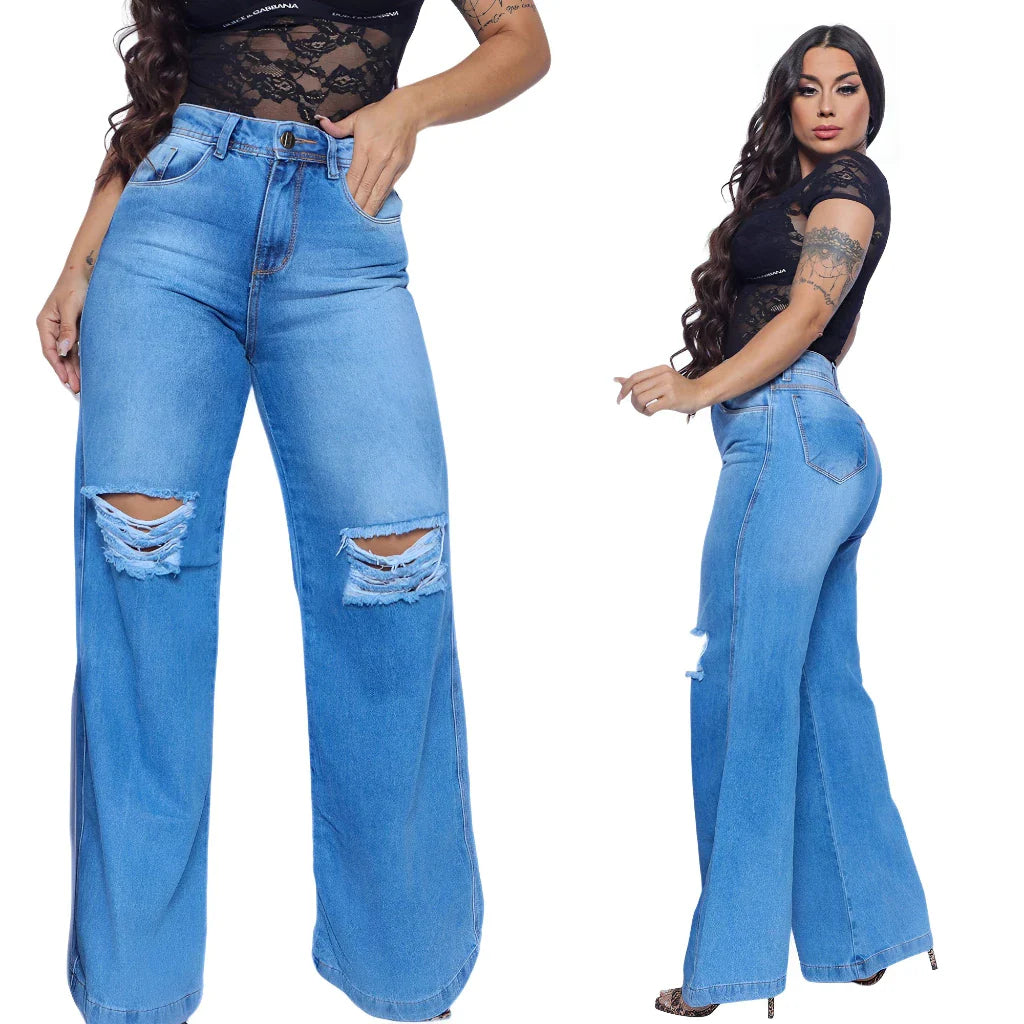 Calça Jeans Feminina Wide Leg Rasgada Pantalona